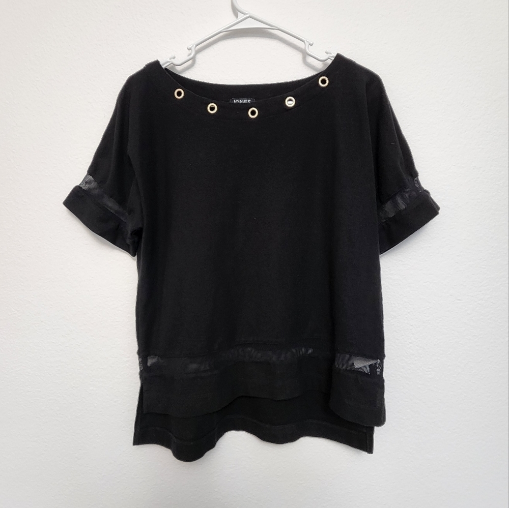 Jones New York Mesh Inlay Metal Grommet Short Sleeve T-Shirt S